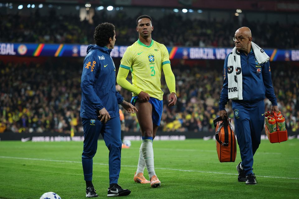 Brazil's Gabriel Magalhaes reacts after being substituted due to an injury in the friendly win over Senegal at the Emirates Stadium, London